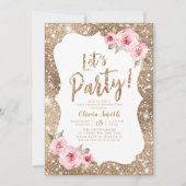 パーティーをしよう！スパークルゴールドグリッターとピンクの花 招待状 (正面)