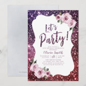 パーティーをしよう ワインレッドのパープルグリッターと花 招待状 (正面/裏面)