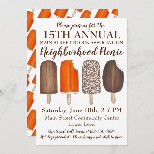 パーティーアイスクリームソーシャル誕生日ポップシクルピクニック 招待状 (正面/裏面)