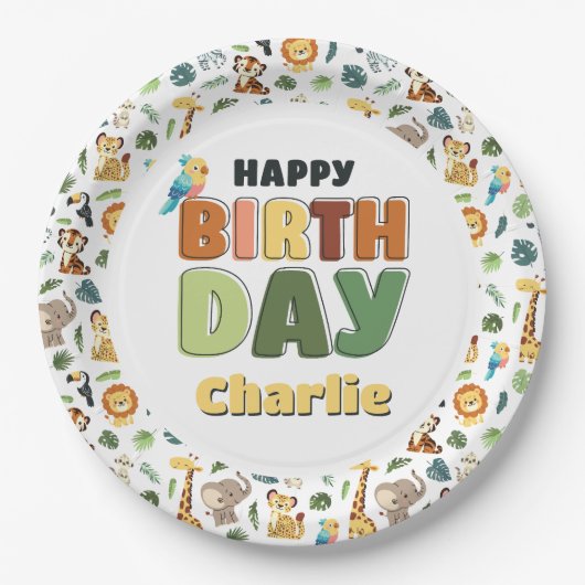 パーティーアットズーサファリアニマルハッピーバースデー ペーパープレート (正面)