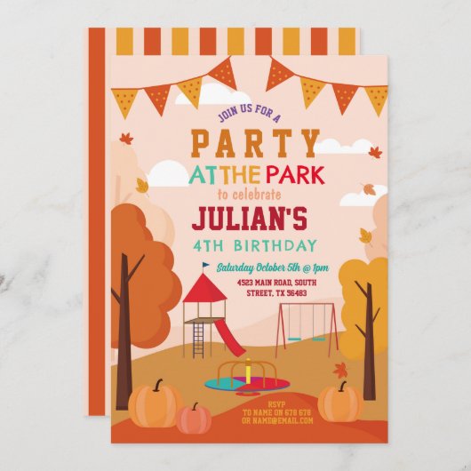 パーティーアットパーク誕生日秋秋ピクニック 招待状 (正面/裏面)