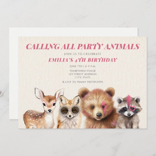 パーティーアニマルウッドランドフェスティバル誕生日パーティー 招待状 (正面/裏面)