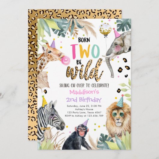 パーティーアニマルガールサファリバイルワイルドバースデーイン 招待状 (正面/裏面)
