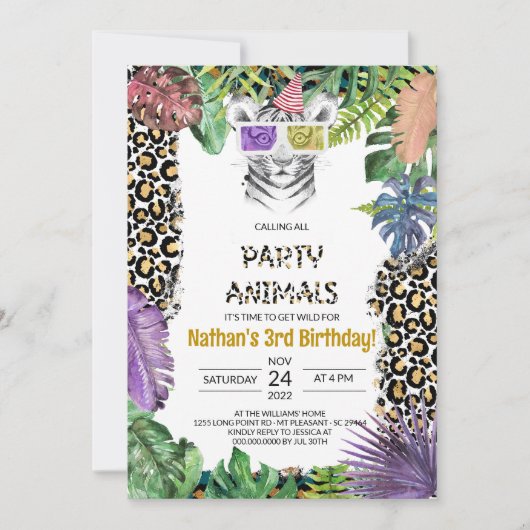 パーティーアニマルガールサファリ誕生日ジャングルズー 招待状 (正面)