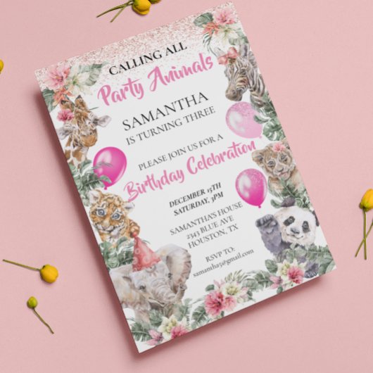 パーティーアニマルジャングルサファリガールピンク誕生日 招待状