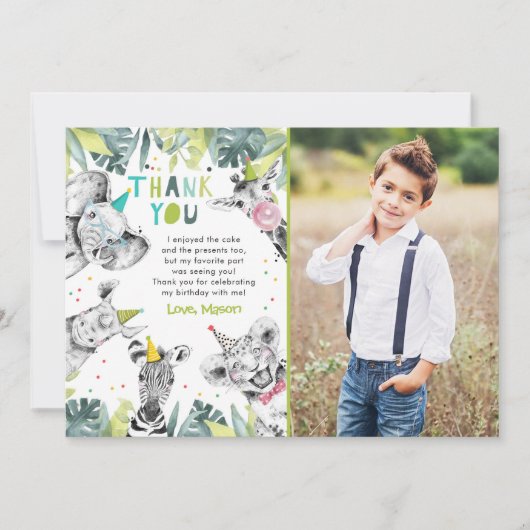 パーティーアニマルズの少年サファリ動物の感謝カード 招待状 (正面)