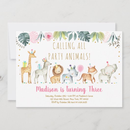 パーティーアニマルズガールサファリ誕生日 招待状 (正面)