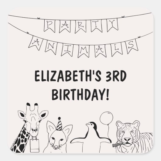 パーティーアニマルズキッズハンドドロー誕生日パーティー スクエアシール (正面)