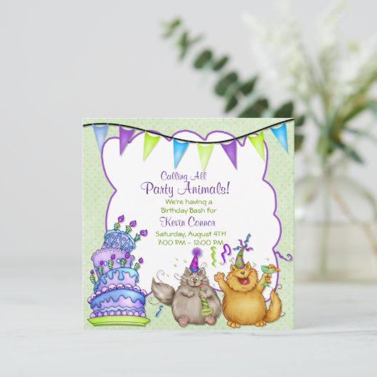 パーティーアニマルズグリーン誕生日招待状 招待状 (スタンド正面)