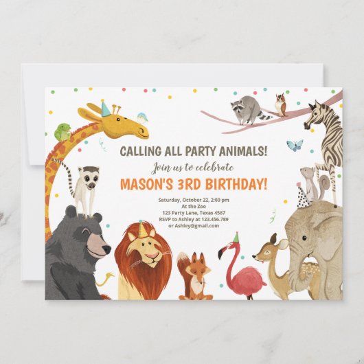 パーティーアニマルズサファリガールボーイアニマルズ誕生日 招待状 (正面)