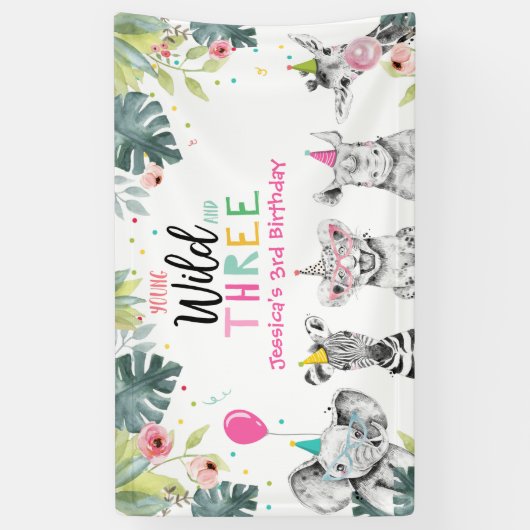 パーティーアニマルズサファリガール第3誕生日背景 横断幕 (縦)