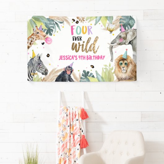 パーティーアニマルズサファリガール第4誕生日背景 横断幕 (インサイチュ)