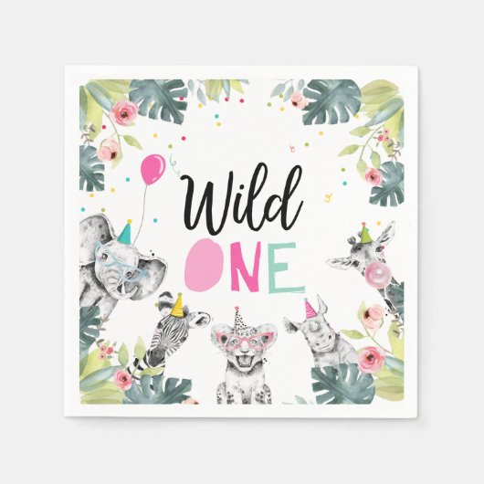パーティーアニマルズサファリワイルドワンガールファースト誕生日 スタンダードカクテルナプキン (正面)