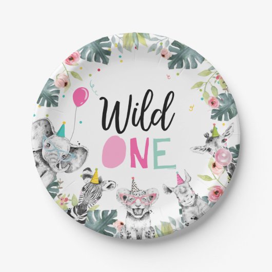 パーティーアニマルズサファリワイルドワンガールファースト誕生日 ペーパープレート (正面)