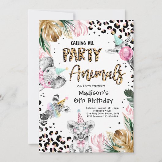パーティーアニマルズヒョウ印刷ワイルドサファリ誕生日 招待状 (正面)
