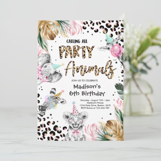 パーティーアニマルズヒョウ印刷ワイルドサファリ誕生日 招待状 (スタンド正面)
