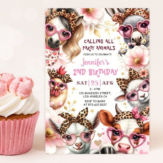 パーティーアニマルズピンクガール納屋周囲の庭ファーム誕生日 招待状