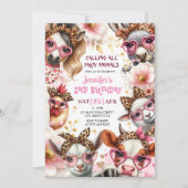 パーティーアニマルズピンクガール納屋周囲の庭ファーム誕生日 招待状 (正面)