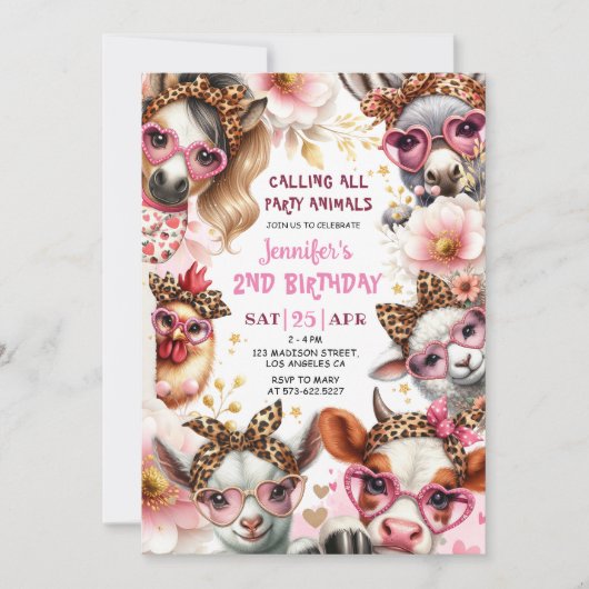 パーティーアニマルズピンクガール納屋周囲の庭ファーム誕生日 招待状 (正面)