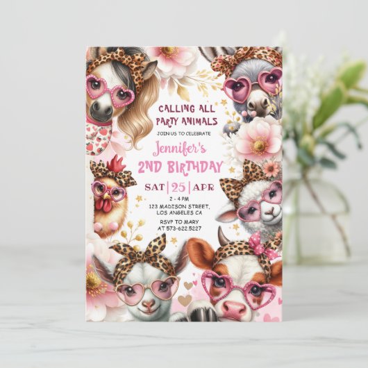 パーティーアニマルズピンクガール納屋周囲の庭ファーム誕生日 招待状 (スタンド正面)
