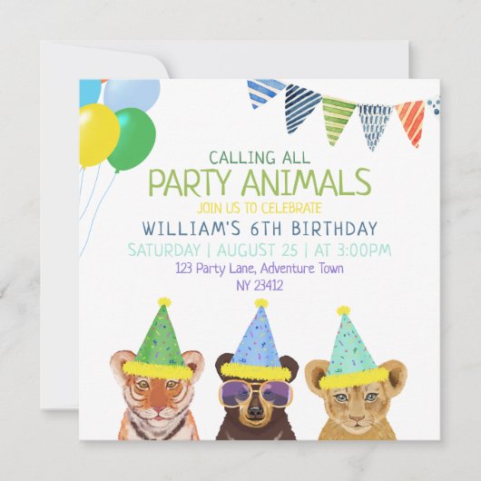 パーティーアニマルズブルー誕生日 招待状 (正面)