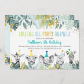 パーティーアニマルズブルー金ゴールドサファリ誕生日 招待状 (正面/裏面)