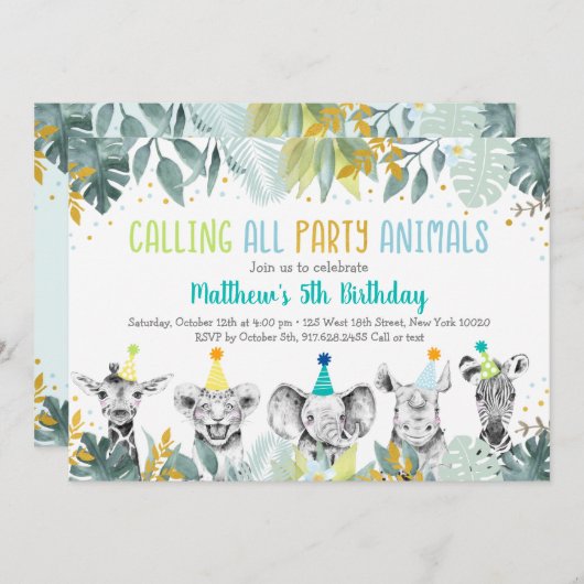 パーティーアニマルズブルー金ゴールドサファリ誕生日 招待状 (正面/裏面)