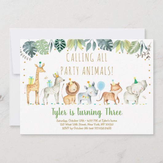 パーティーアニマルズボーイサファリ誕生日 招待状 (正面)