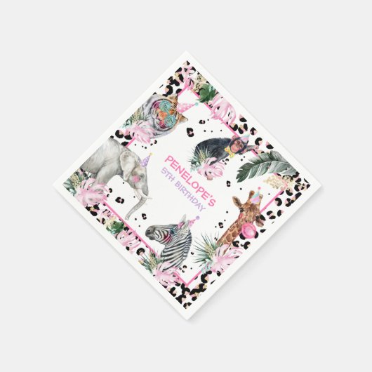 パーティーアニマルズワイルドサファリピンクガールバースデーパーティー スタンダードカクテルナプキン (角)