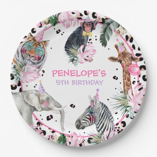 パーティーアニマルズワイルドサファリピンクガールバースデーパーティー ペーパープレート (正面)
