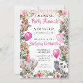 パーティーアニマルズ ジャングルサファリ ガール ピンク バースデー 招待状 (正面)