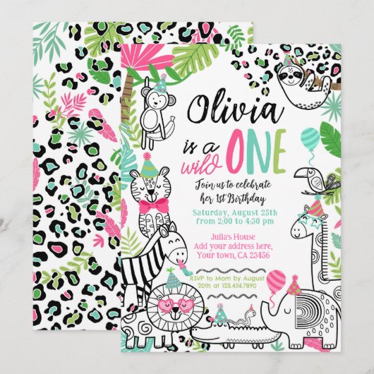 パーティーアニマルズ、ジャングルサファリ 1歳誕生日 招待状 (正面/裏面)