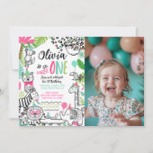 パーティーアニマルズ、ジャングルサファリ 1歳誕生日 招待状 (正面)