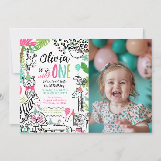 パーティーアニマルズ、ジャングルサファリ 1歳誕生日 招待状 (正面)