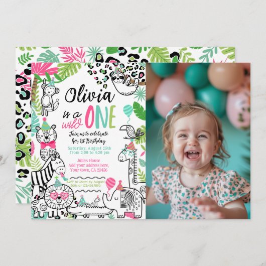 パーティーアニマルズ、ジャングルサファリ 1歳誕生日 招待状 (正面/裏面)