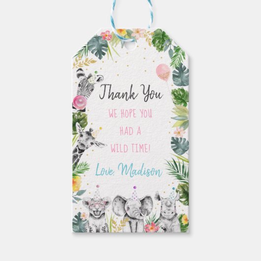 パーティーアニマルピンク金ゴールドサファリトロピカル誕生日 ギフトタグ (正面)