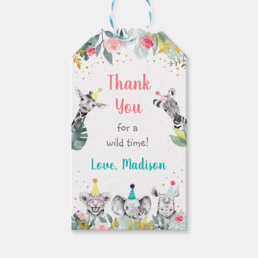 パーティーアニマルピンク金ゴールドサファリ誕生日ありがとう ギフトタグ (正面)