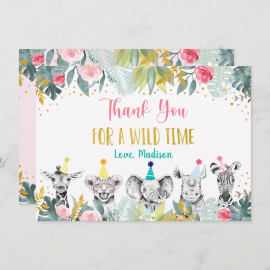 パーティーアニマルピンク金ゴールドサファリ誕生日ありがとう サンキューカード (正面/裏面)