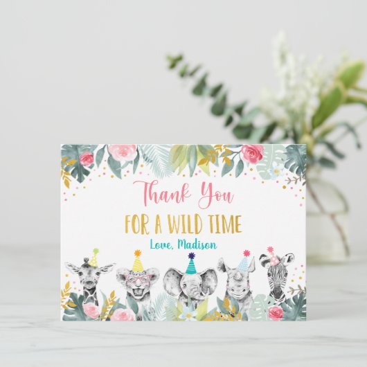 パーティーアニマルピンク金ゴールドサファリ誕生日ありがとう サンキューカード (スタンド正面)