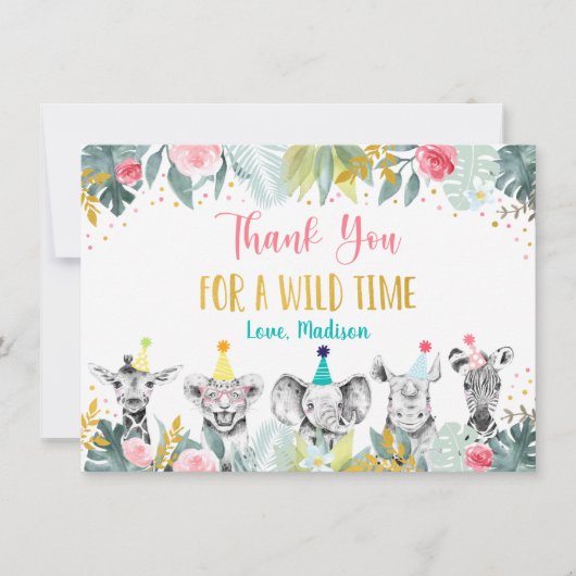 パーティーアニマルピンク金ゴールドサファリ誕生日ありがとう サンキューカード (正面)