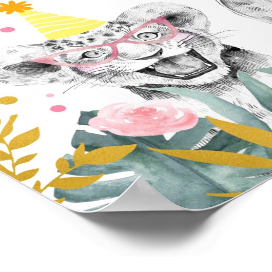 パーティーアニマルピンク金ゴールドサファリ誕生日歓迎 ポスター (角)