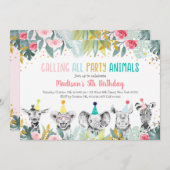 パーティーアニマルピンク金ゴールドサファリ誕生日 招待状 (正面/裏面)