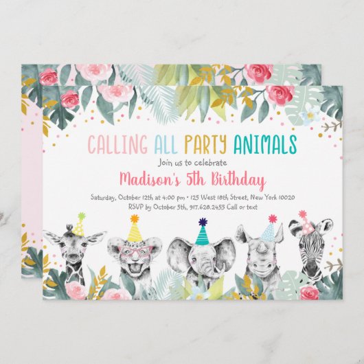 パーティーアニマルピンク金ゴールドサファリ誕生日 招待状 (正面/裏面)