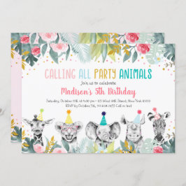 パーティーアニマルピンク金ゴールドサファリ誕生日 招待状