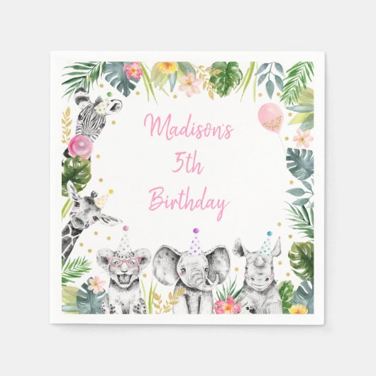 パーティーアニマルピンク金ゴールドトロピカルサファリ誕生日 スタンダードカクテルナプキン (正面)