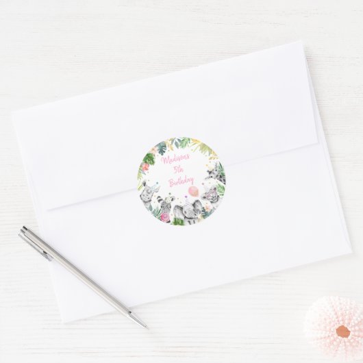 パーティーアニマルピンク金ゴールドトロピカルサファリ誕生日 ラウンドシール (封筒)