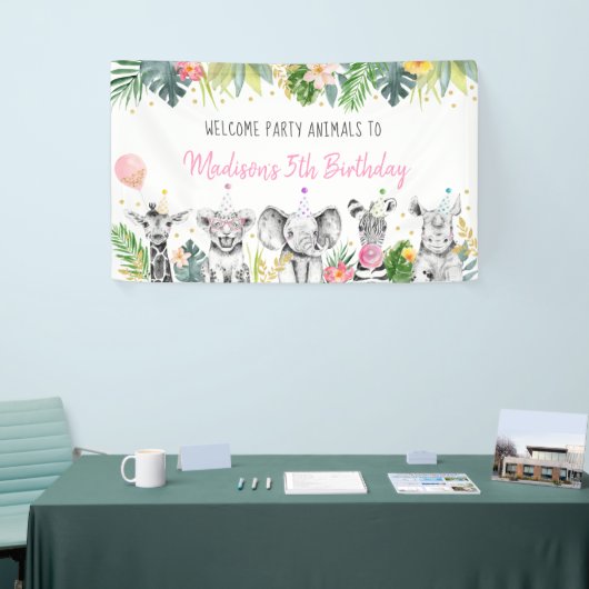 パーティーアニマルピンク金ゴールドトロピカルサファリ誕生日 横断幕 (トレードショー)