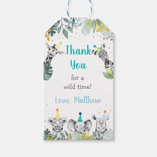 パーティーアニマルブルー金ゴールドサファリ誕生日ありがとう ギフトタグ (正面)