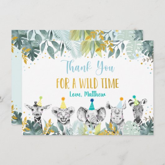 パーティーアニマルブルー金ゴールドサファリ誕生日ありがとう サンキューカード (正面/裏面)
