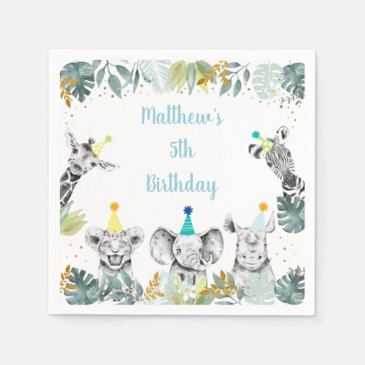 パーティーアニマルブルー金ゴールドサファリ誕生日 スタンダードカクテルナプキン (正面)